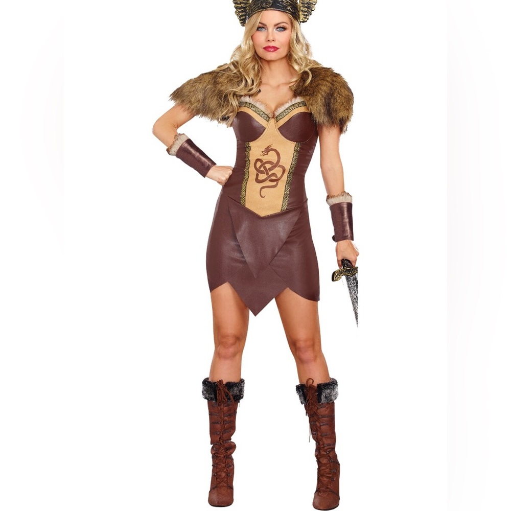 Norse Viking Warrior Halloween Costume with Faux Fur Capelet Cosplay NWT